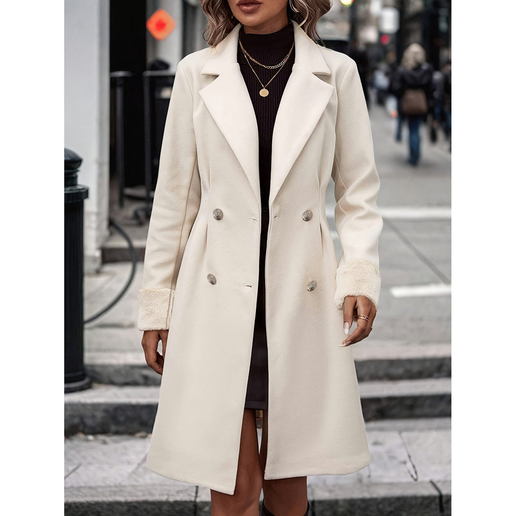 Women's Trench Dress Coat Double Breasted with Notched Lapel and Sherpa Cuffs - Image 3