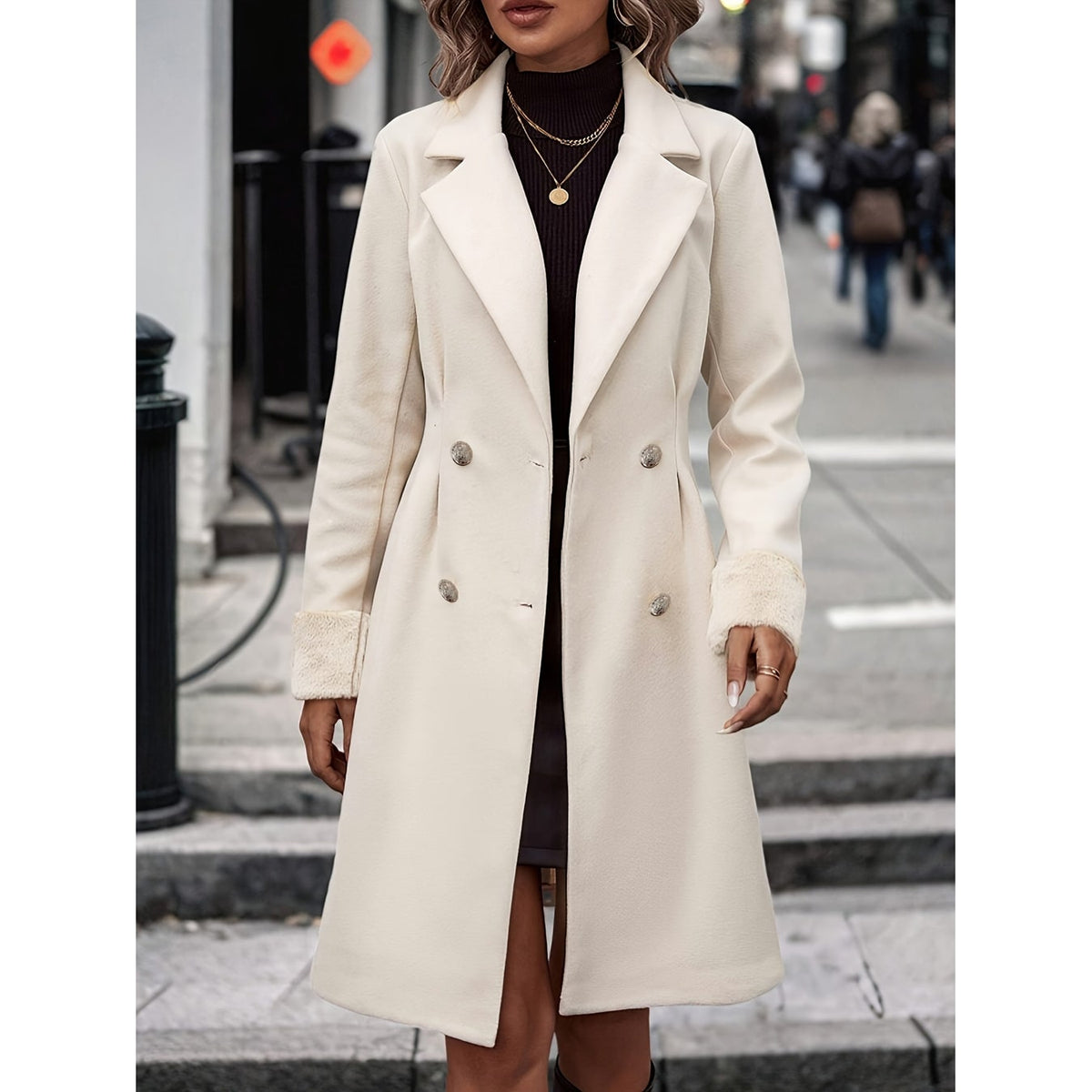 Women's Trench Dress Coat Double Breasted with Notched Lapel and Sherpa Cuffs - Image 3