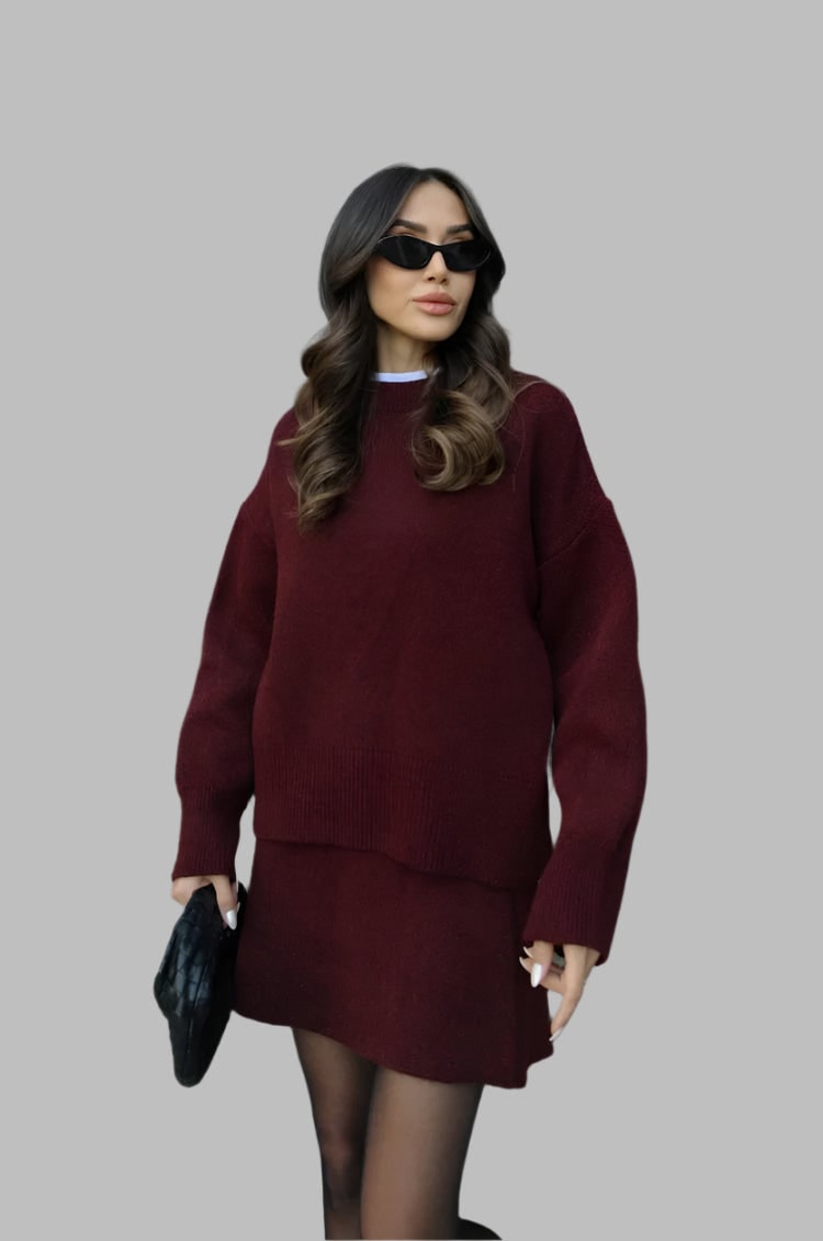Women's Two Piece Knit Sweater and Mini Skirt Set with Oversized Crew Neck - Image 1