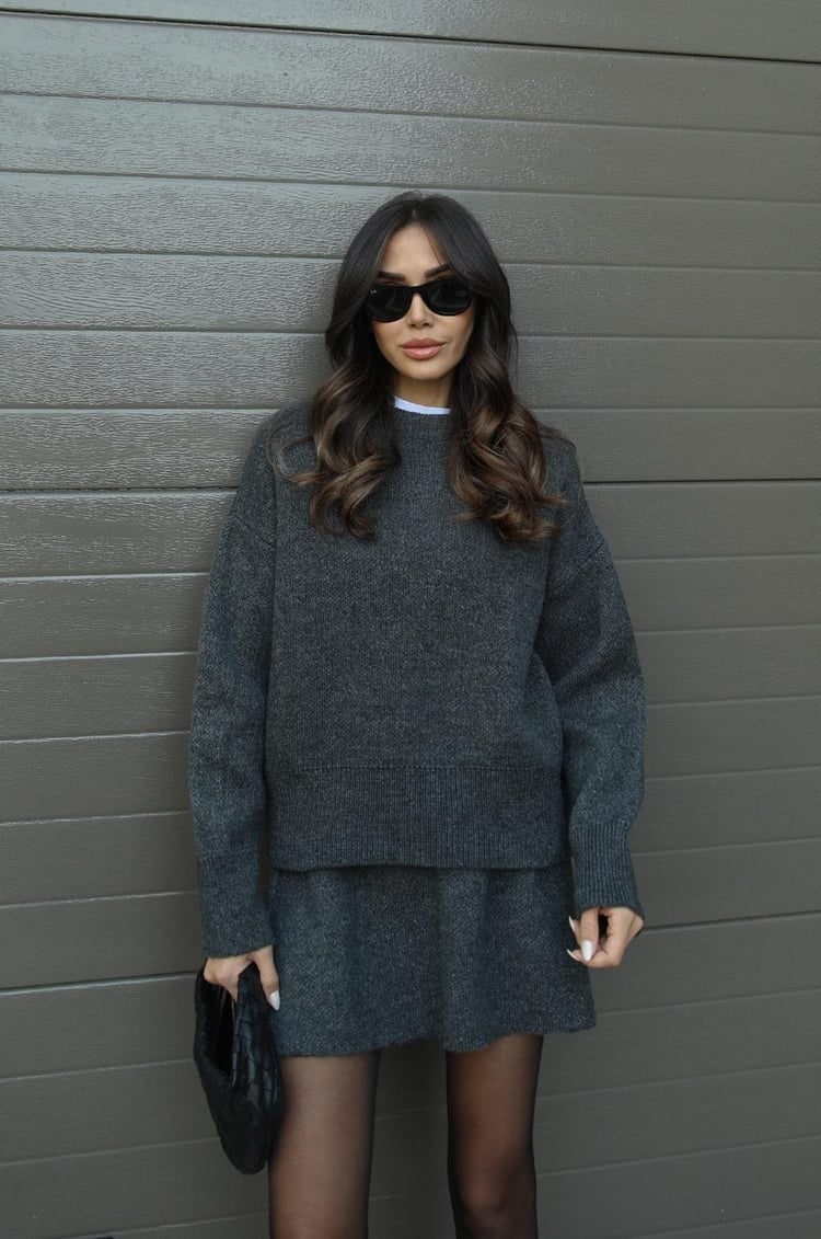 Women's Two Piece Knit Sweater and Mini Skirt Set with Oversized Crew Neck - Image 17