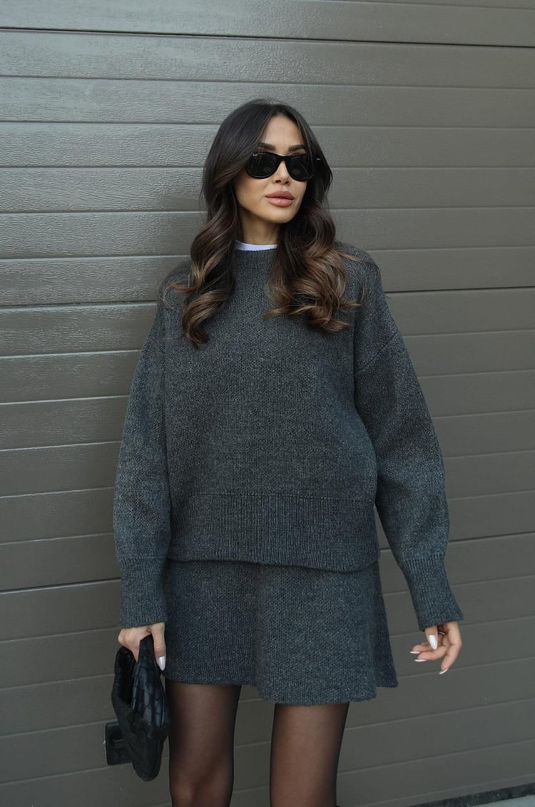 Women's Two Piece Knit Sweater and Mini Skirt Set with Oversized Crew Neck - Image 19