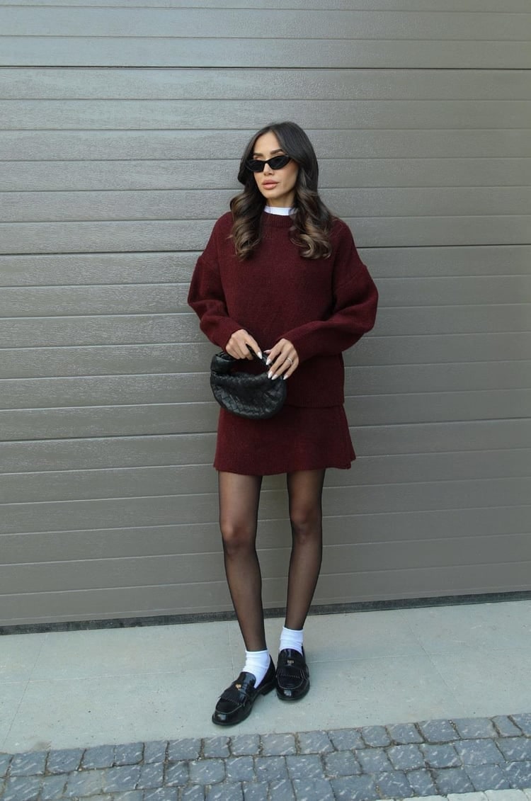 Women's Two Piece Knit Sweater and Mini Skirt Set with Oversized Crew Neck - Image 2