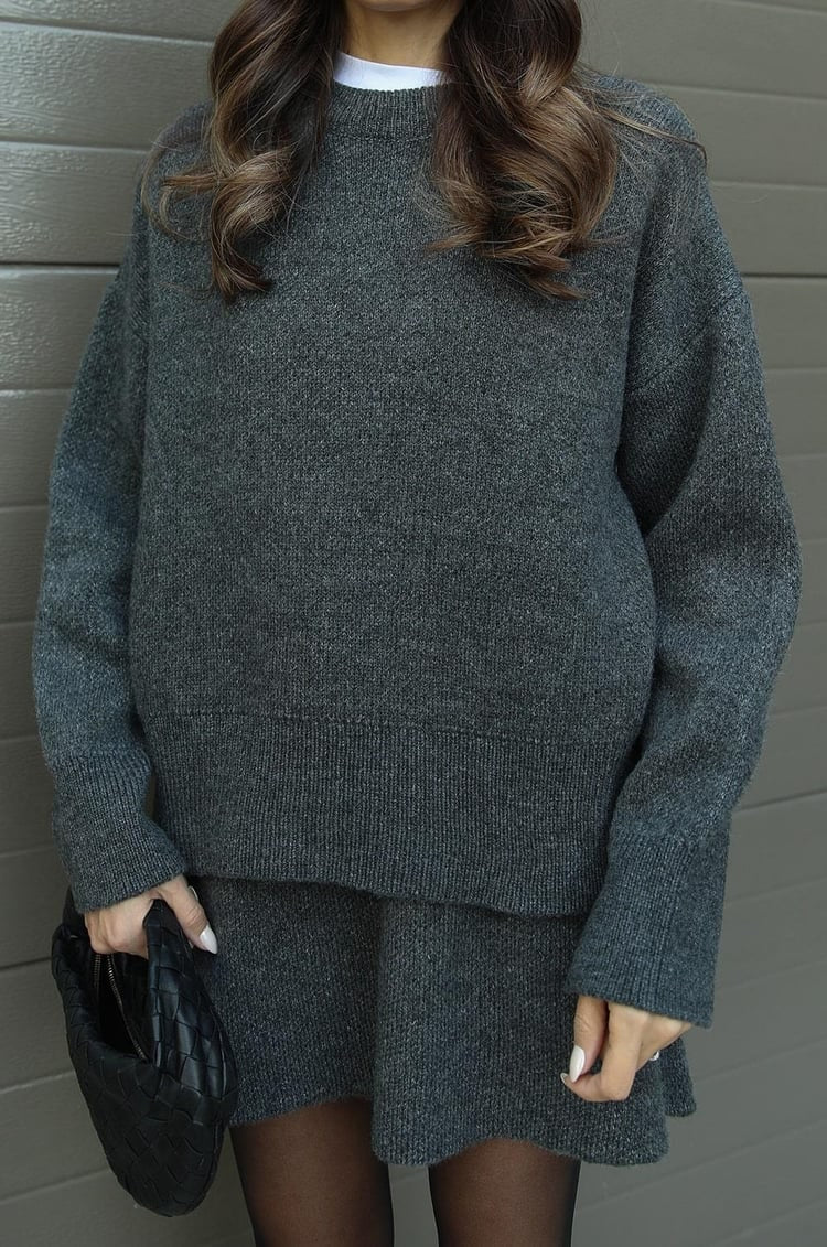 Women's Two Piece Knit Sweater and Mini Skirt Set with Oversized Crew Neck - Image 21