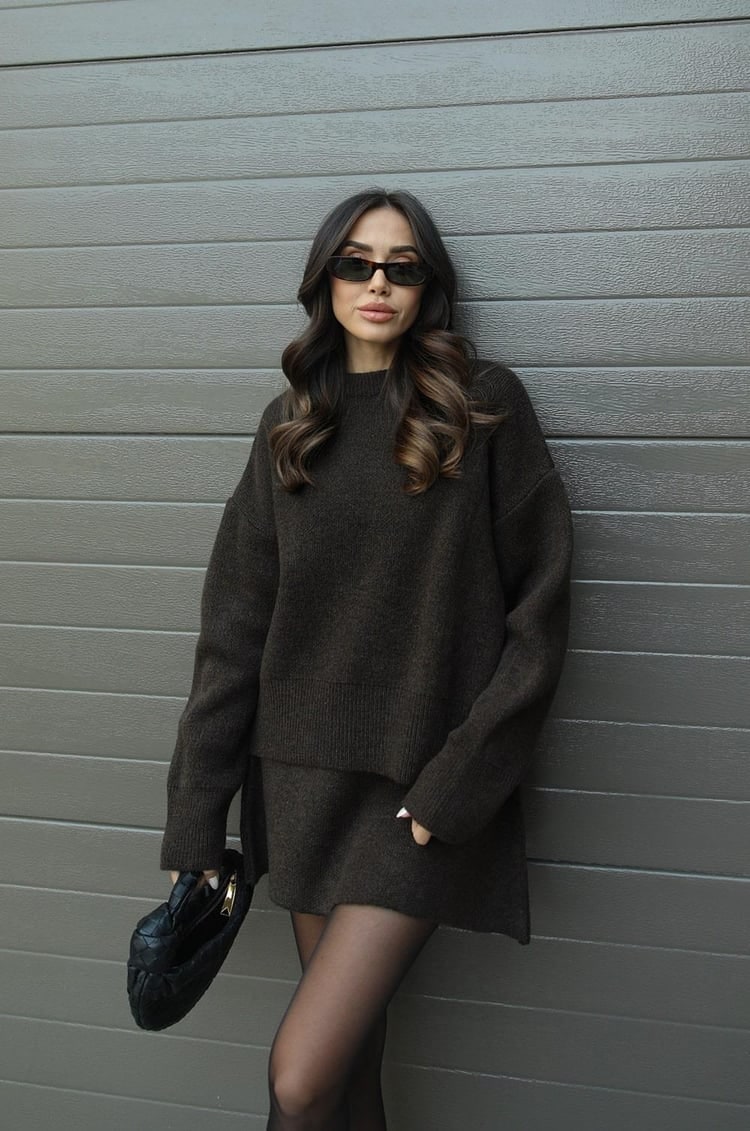 Women's Two Piece Knit Sweater and Mini Skirt Set with Oversized Crew Neck - Image 23