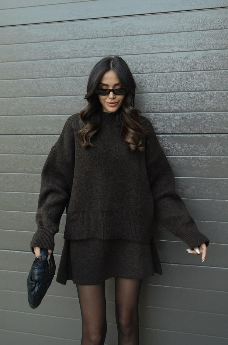 Women's Two Piece Knit Sweater and Mini Skirt Set with Oversized Crew Neck - Image 25
