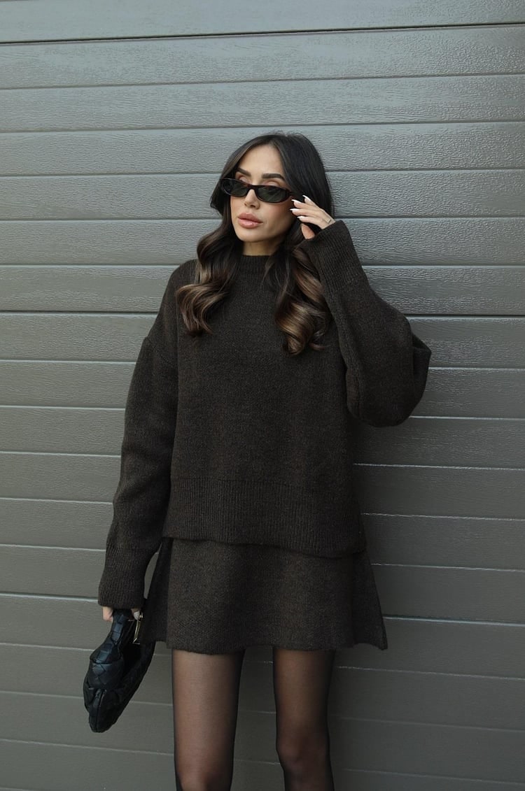 Women's Two Piece Knit Sweater and Mini Skirt Set with Oversized Crew Neck - Image 26