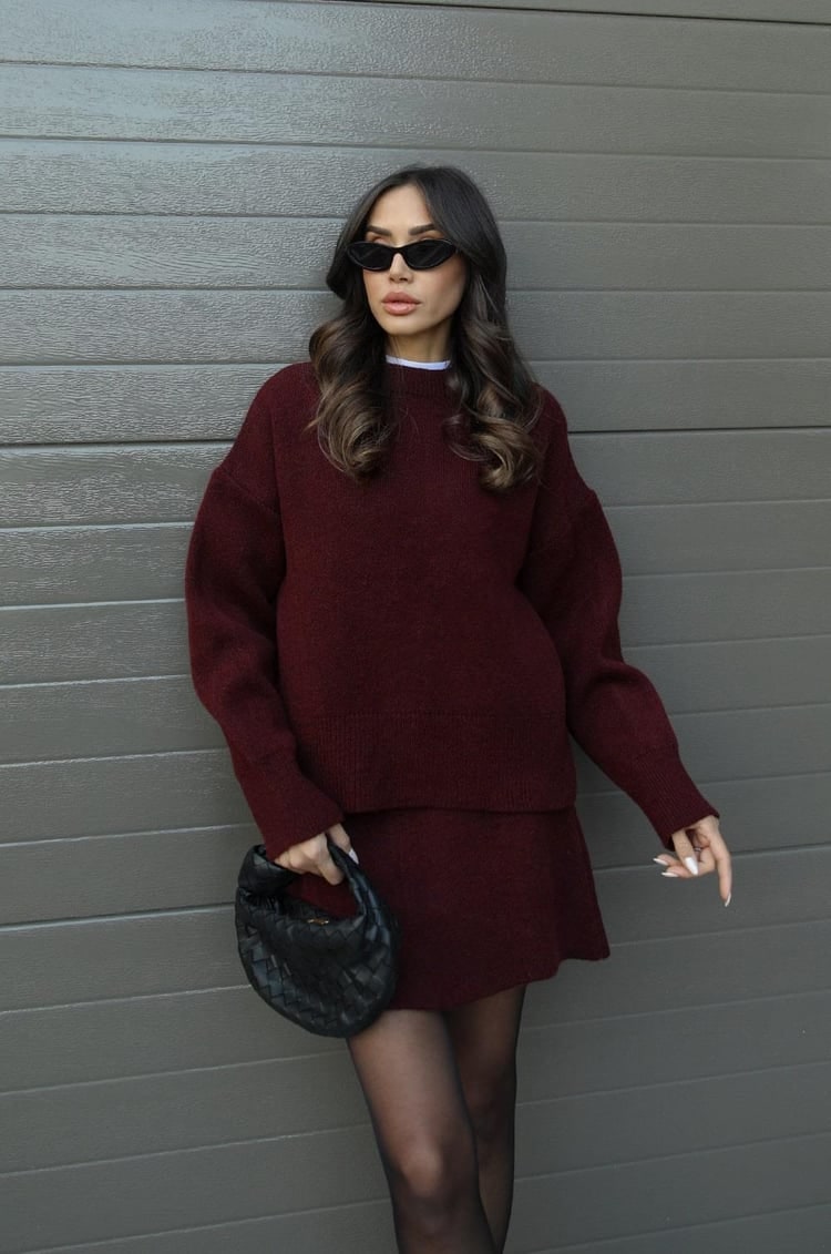Women's Two Piece Knit Sweater and Mini Skirt Set with Oversized Crew Neck - Image 3