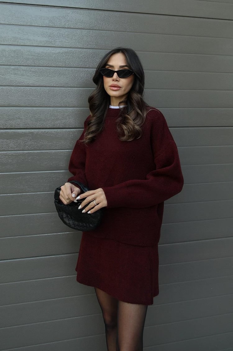 Women's Two Piece Knit Sweater and Mini Skirt Set with Oversized Crew Neck - Image 4
