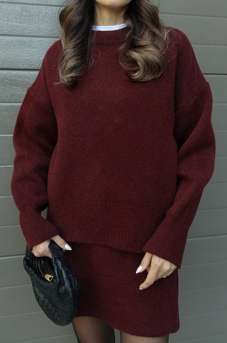 Women's Two Piece Knit Sweater and Mini Skirt Set with Oversized Crew Neck - Image 5