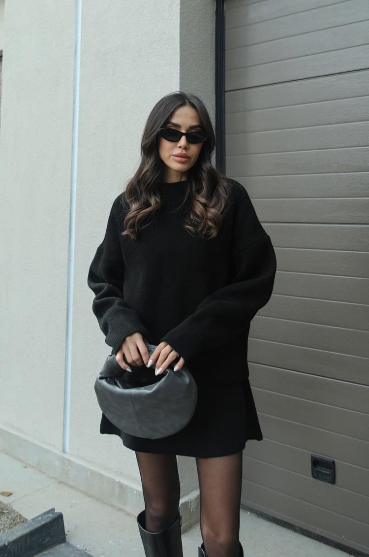Women's Two Piece Knit Sweater and Mini Skirt Set with Oversized Crew Neck - Image 6