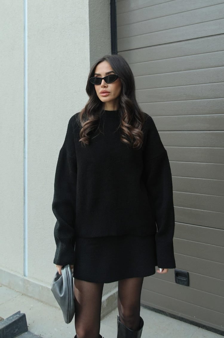 Women's Two Piece Knit Sweater and Mini Skirt Set with Oversized Crew Neck - Image 9