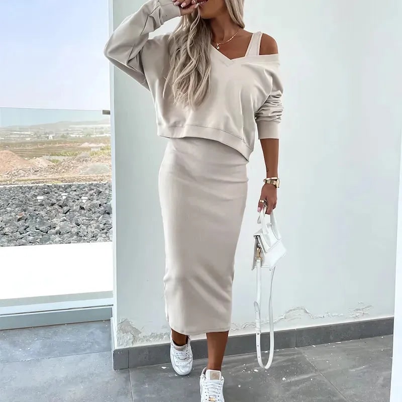 Women's Two Piece Midi Dress Set Sleeveless Cropped Pullover | Off Shoulder - Image 4