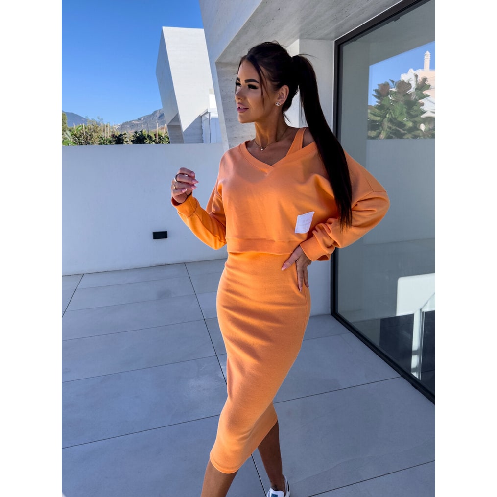Women's Two Piece Ribbed Midi Dress Set Cropped Long Sleeve | V Neck - Image 1