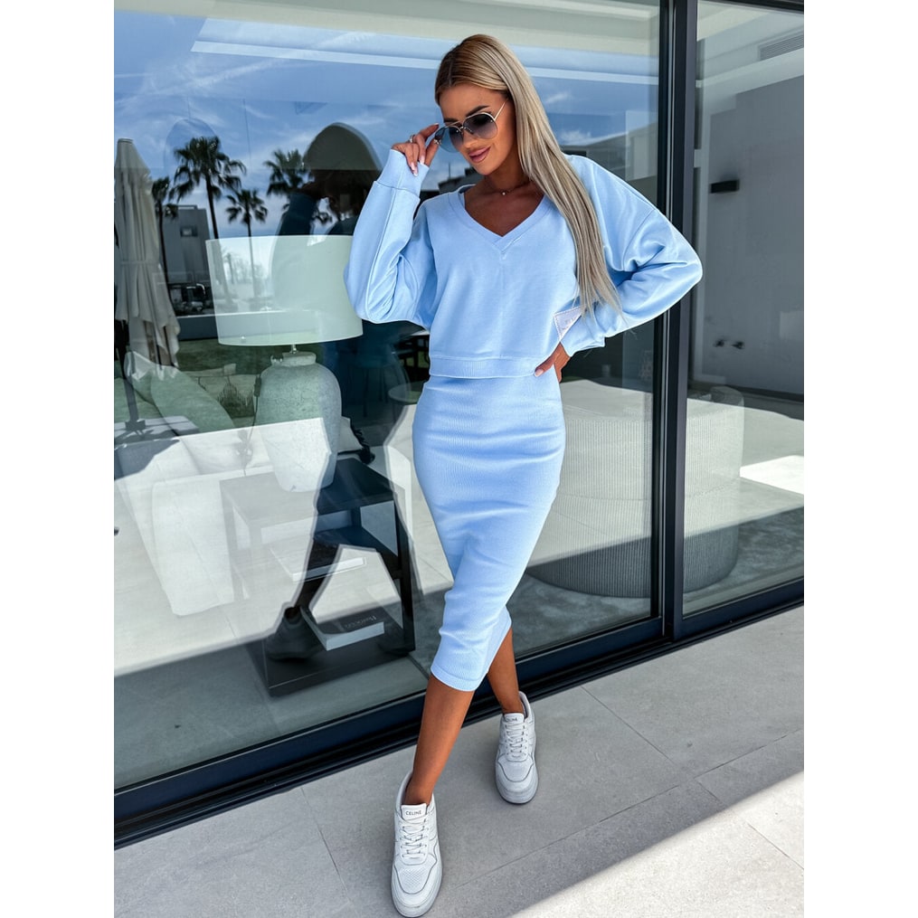 Women's Two Piece Ribbed Midi Dress Set Cropped Long Sleeve | V Neck - Image 7