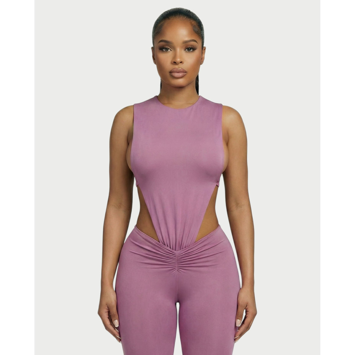 Women's Two Piece Set Sleeveless Cutout Bodysuit and Ruched High Waist Leggings - Image 14