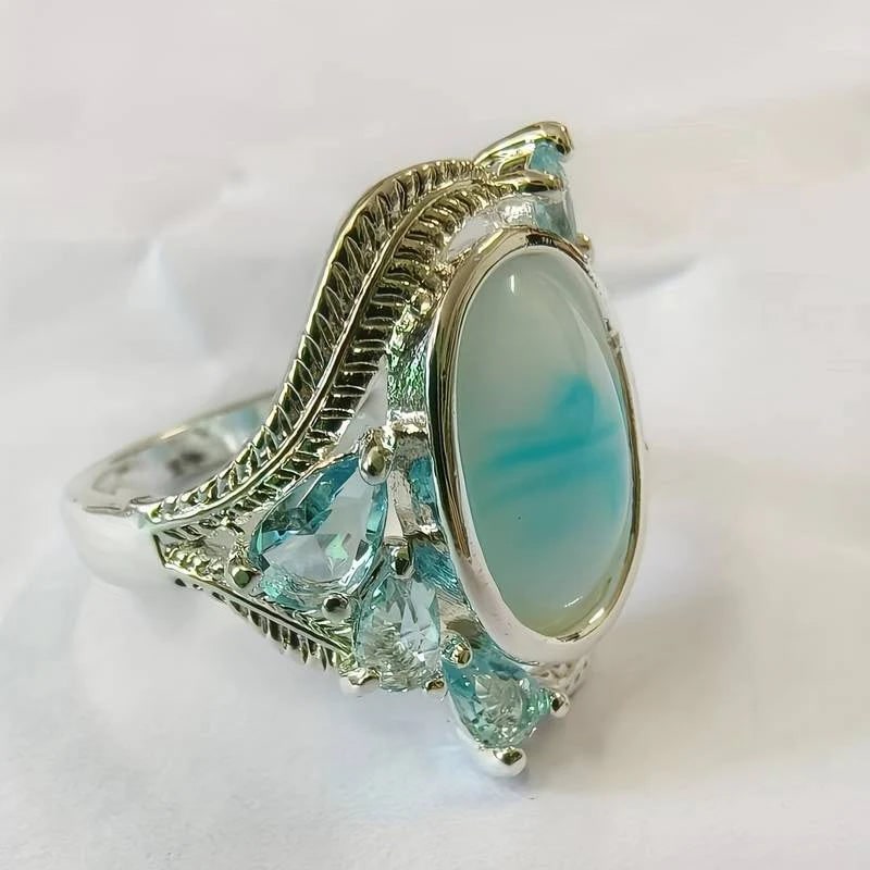 Women's Vintage Cocktail Statement Ring Blue Oval Cabochon Bezel Set - Image 1