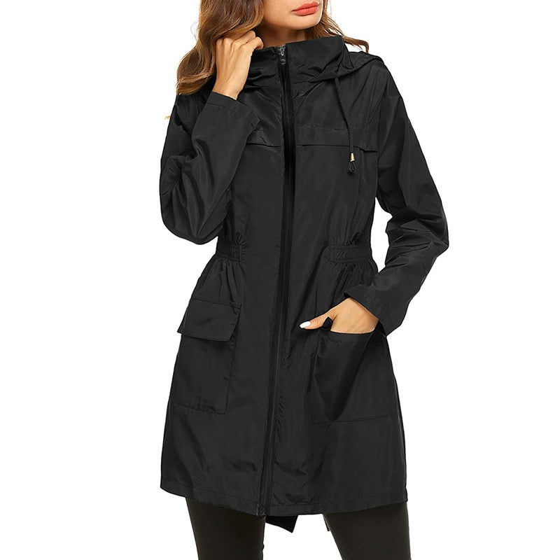 Women's Water Resistant Raincoat with Hood Cinched Waist Packable - Image 1