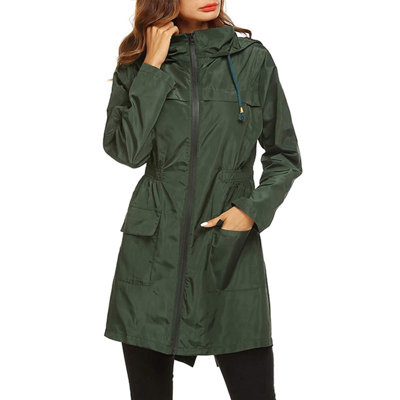 Women's Water Resistant Raincoat with Hood Cinched Waist Packable - Image 2