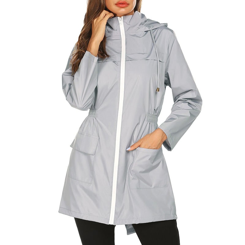 Women's Water Resistant Raincoat with Hood Cinched Waist Packable - Image 3