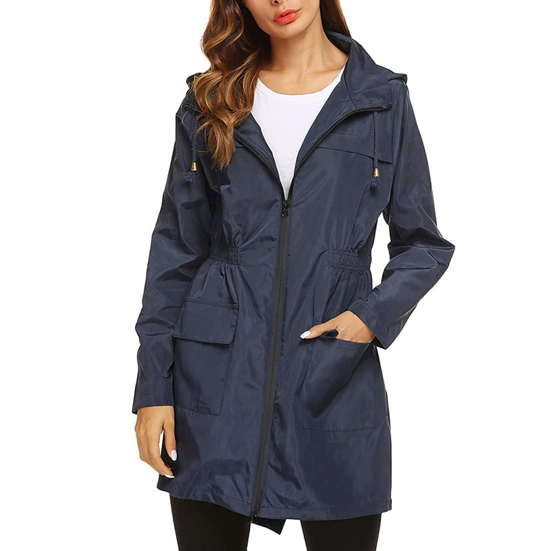 Women's Water Resistant Raincoat with Hood Cinched Waist Packable - Image 5