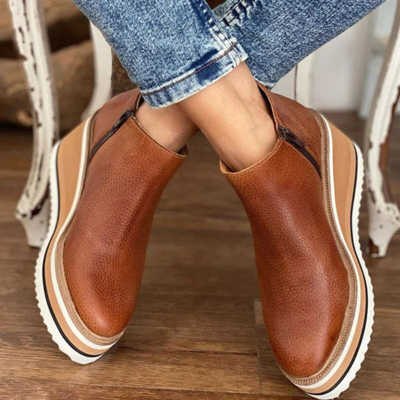 Women's Wedge Ankle Boots with Platform Heel and Side Zipper Leather - Image 2