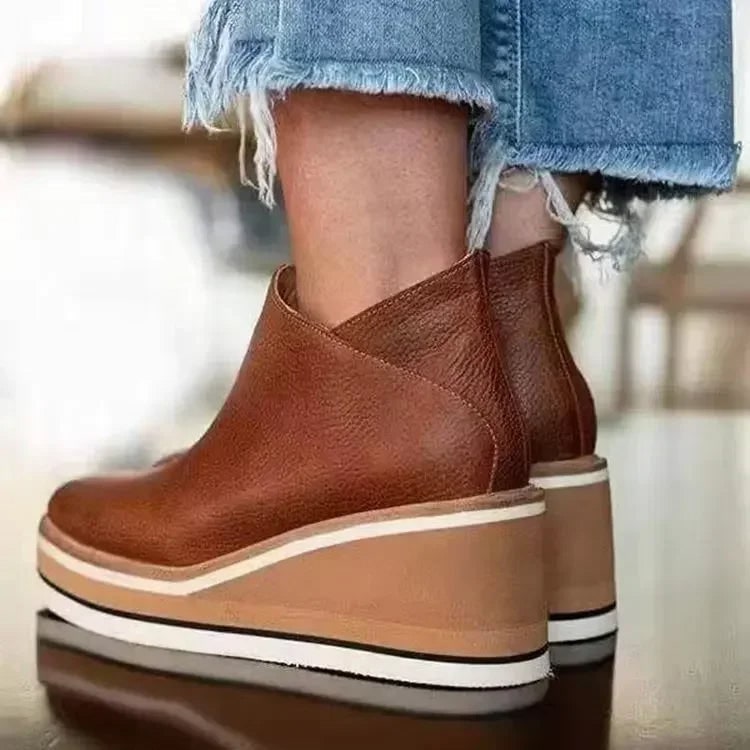 Women's Wedge Ankle Boots with Platform Heel and Side Zipper Leather - Image 3