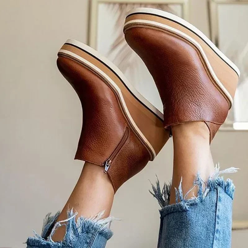 Women's Wedge Ankle Boots with Platform Heel and Side Zipper Leather - Image 4
