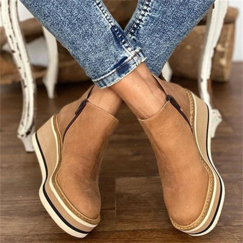 Women's Wedge Ankle Boots with Platform Heel and Side Zipper Leather - Image 6
