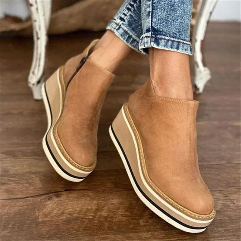 Women's Wedge Ankle Boots with Platform Heel and Side Zipper Leather - Image 7