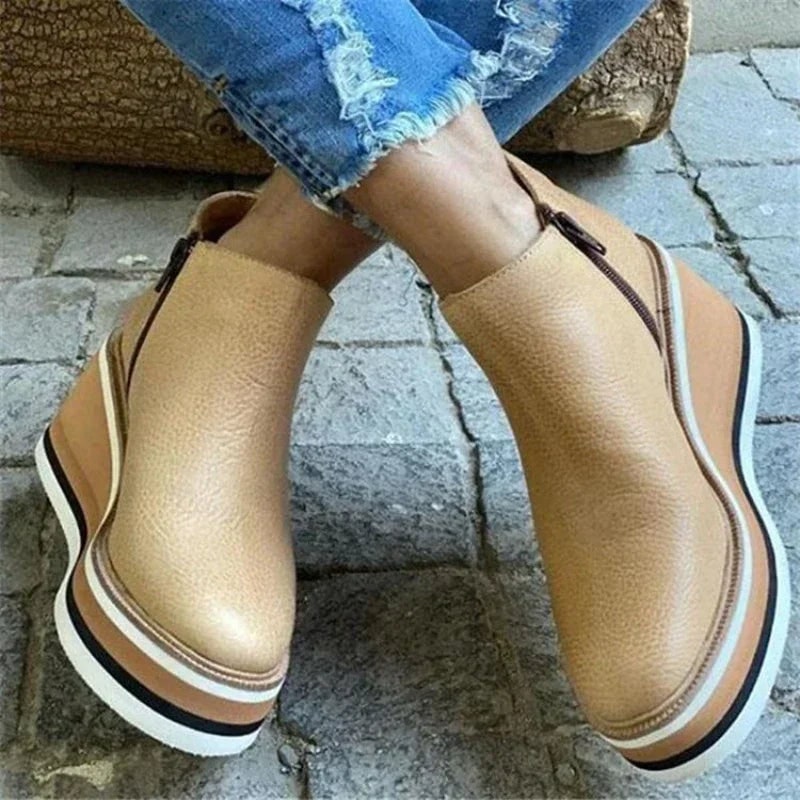 Women's Wedge Ankle Boots with Platform Heel and Side Zipper Leather - Image 8