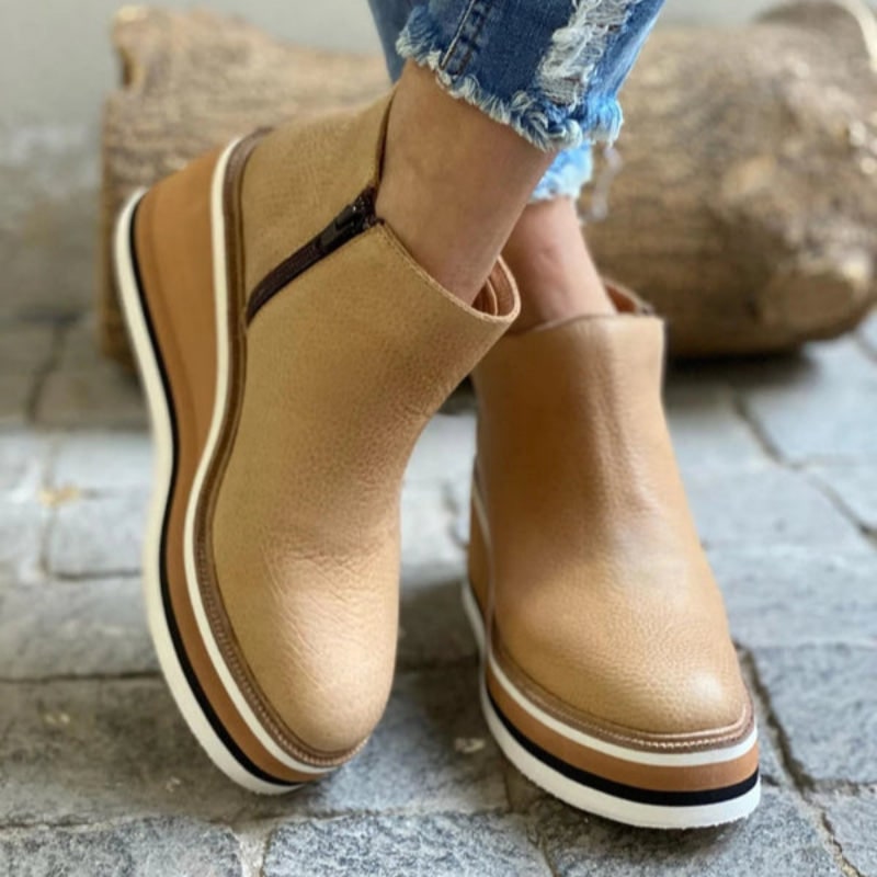Women's Wedge Ankle Boots with Platform Heel and Side Zipper Leather - Image 9