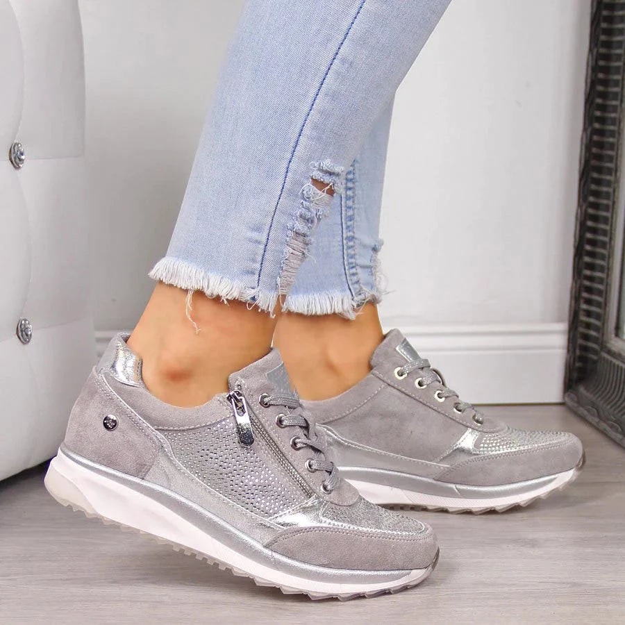 Women's Wedge Platform Sneakers with Rhinestone Details and Side Zipper - Image 1