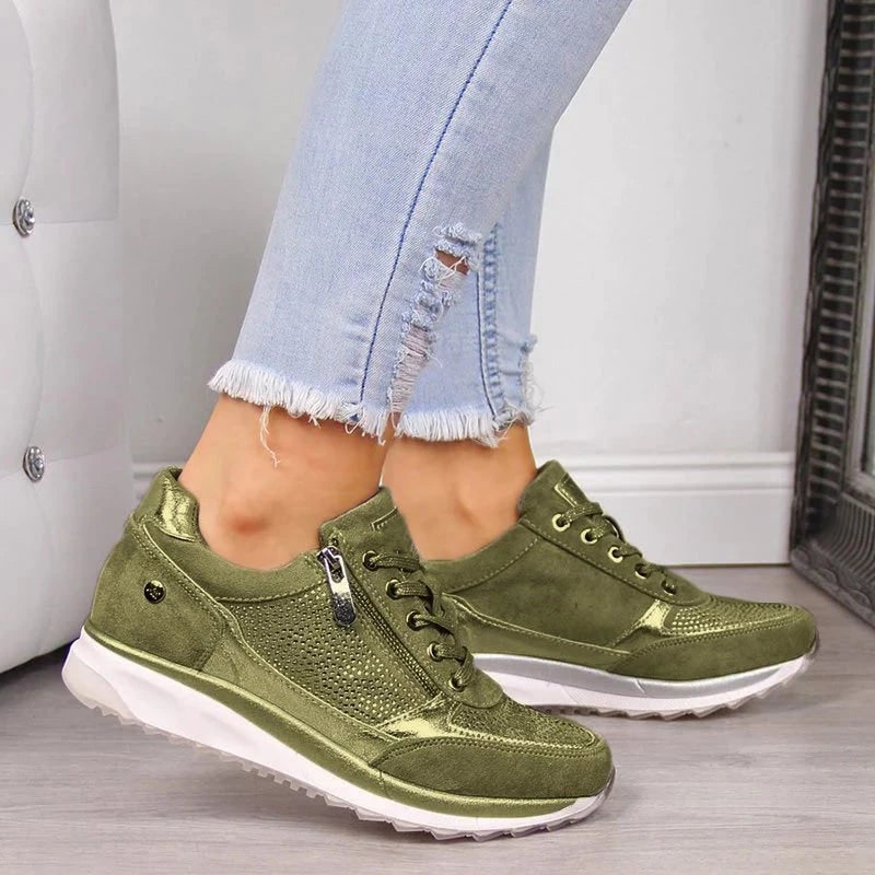 Women's Wedge Platform Sneakers with Rhinestone Details and Side Zipper - Image 2