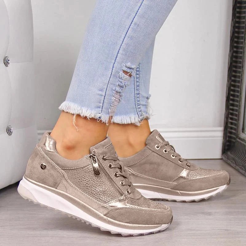 Women's Wedge Platform Sneakers with Rhinestone Details and Side Zipper - Image 3