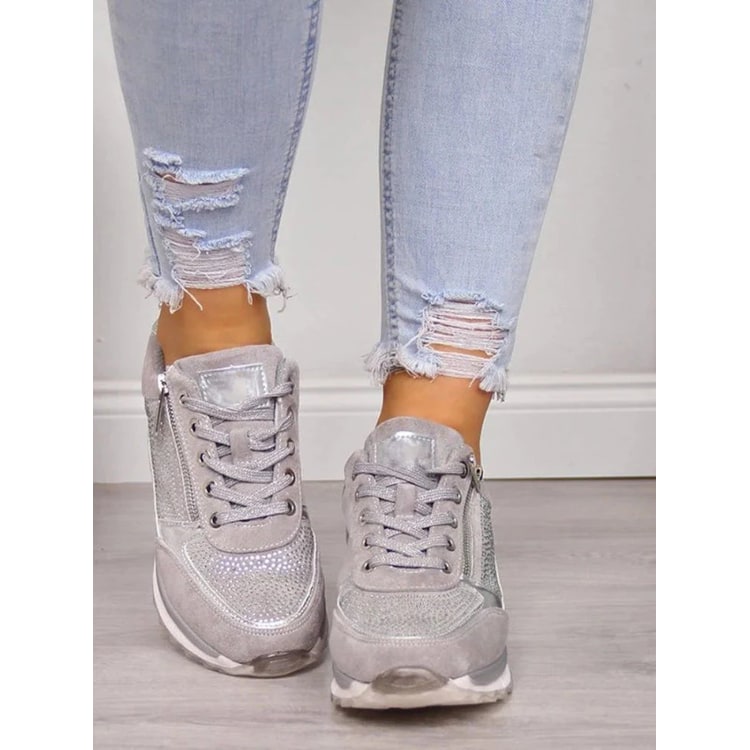 Women's Wedge Platform Sneakers with Rhinestone Details and Side Zipper - Image 5