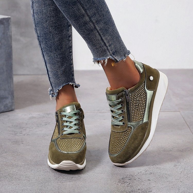 Women's Wedge Platform Sneakers with Rhinestone Details and Side Zipper - Image 8