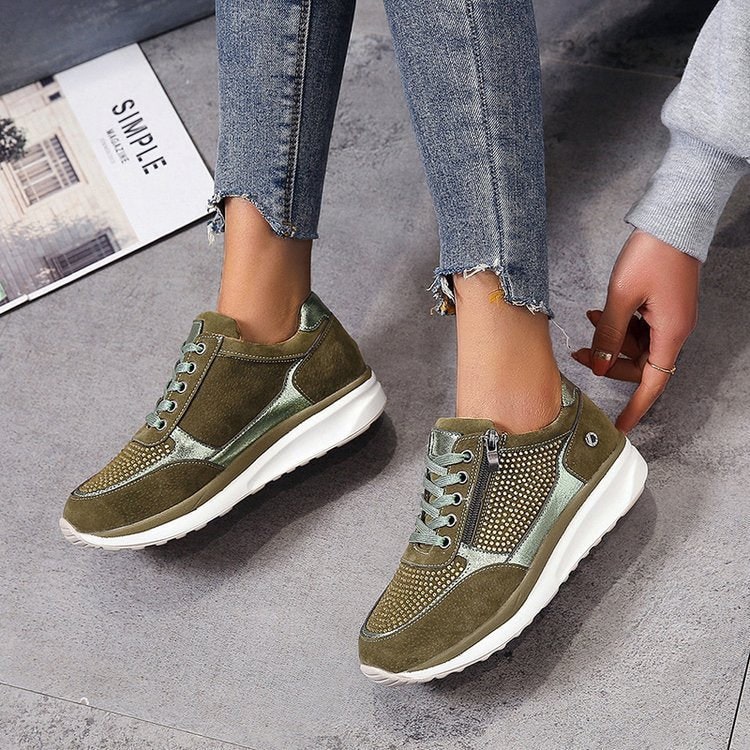 Women's Wedge Platform Sneakers with Rhinestone Details and Side Zipper - Image 9