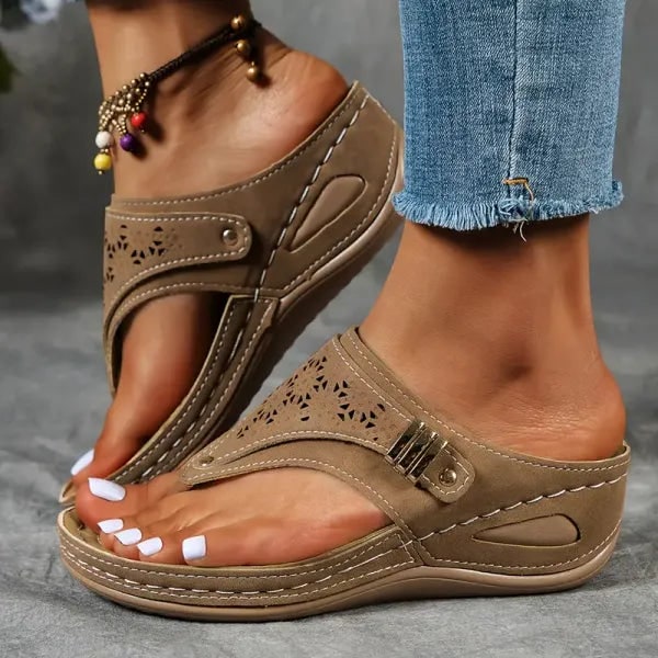 Women's Wedge Thong Platform Sandals with Laser Cutouts and Quilted Footbed - Image 1