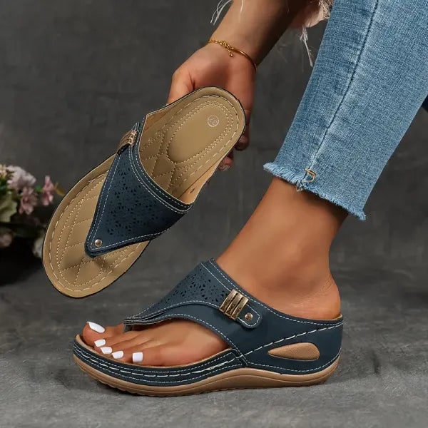 Women's Wedge Thong Platform Sandals with Laser Cutouts and Quilted Footbed - Image 3