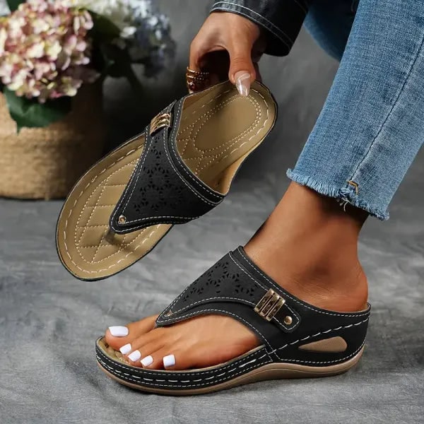 Women's Wedge Thong Platform Sandals with Laser Cutouts and Quilted Footbed - Image 4
