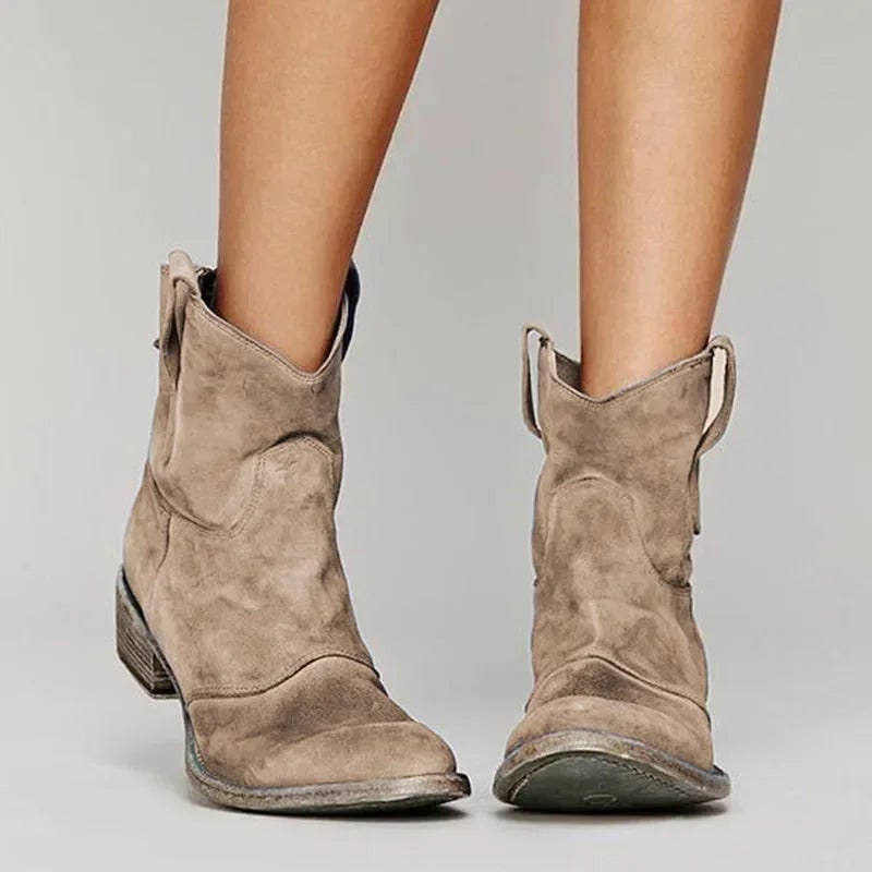 Women's Western Ankle Boots with Suede Block Heel and Pull Tabs - Image 1