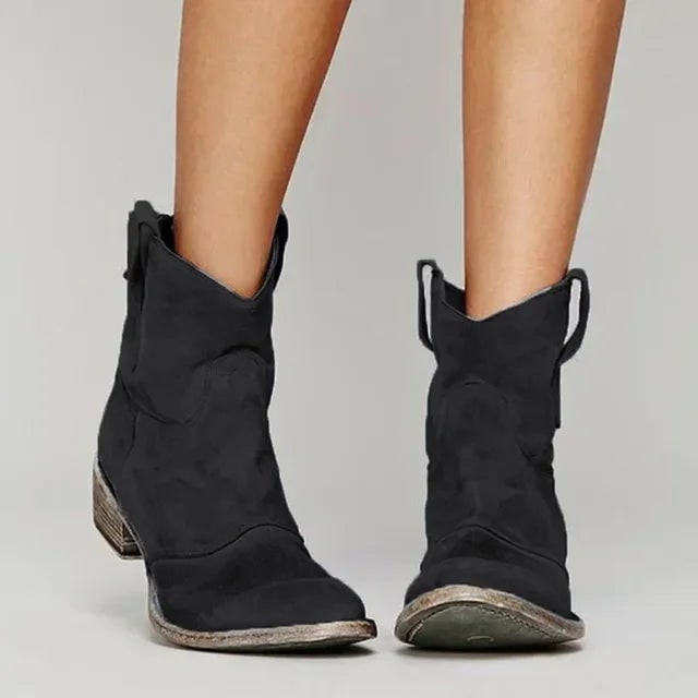 Women's Western Ankle Boots with Suede Block Heel and Pull Tabs - Image 2
