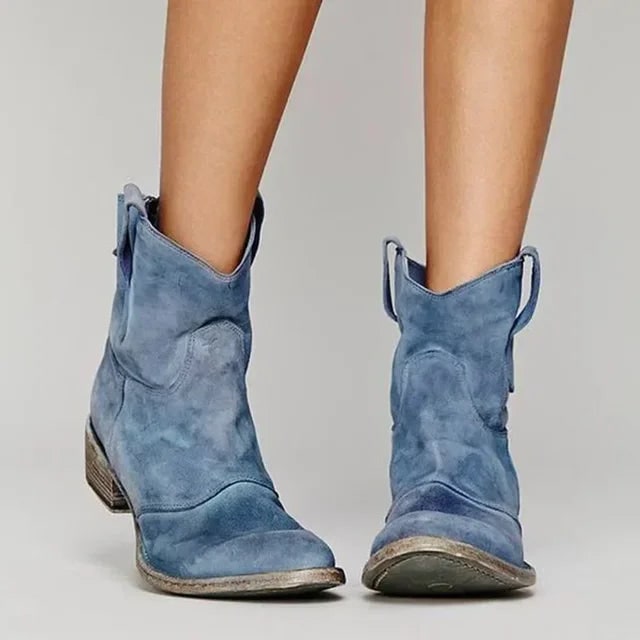 Women's Western Ankle Boots with Suede Block Heel and Pull Tabs - Image 3