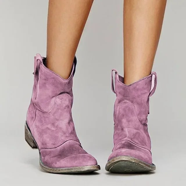 Women's Western Ankle Boots with Suede Block Heel and Pull Tabs - Image 5