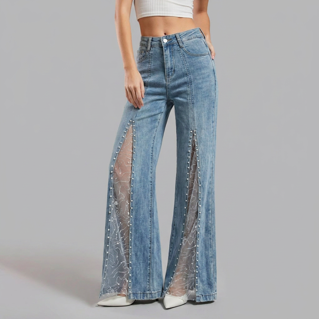Women's Wide Leg Baggy Jeans High Waisted with Sheer Mesh Cutout Panels - Image 1