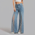 Women's Wide Leg Baggy Jeans High Waisted with Sheer Mesh Cutout Panels - Image 1