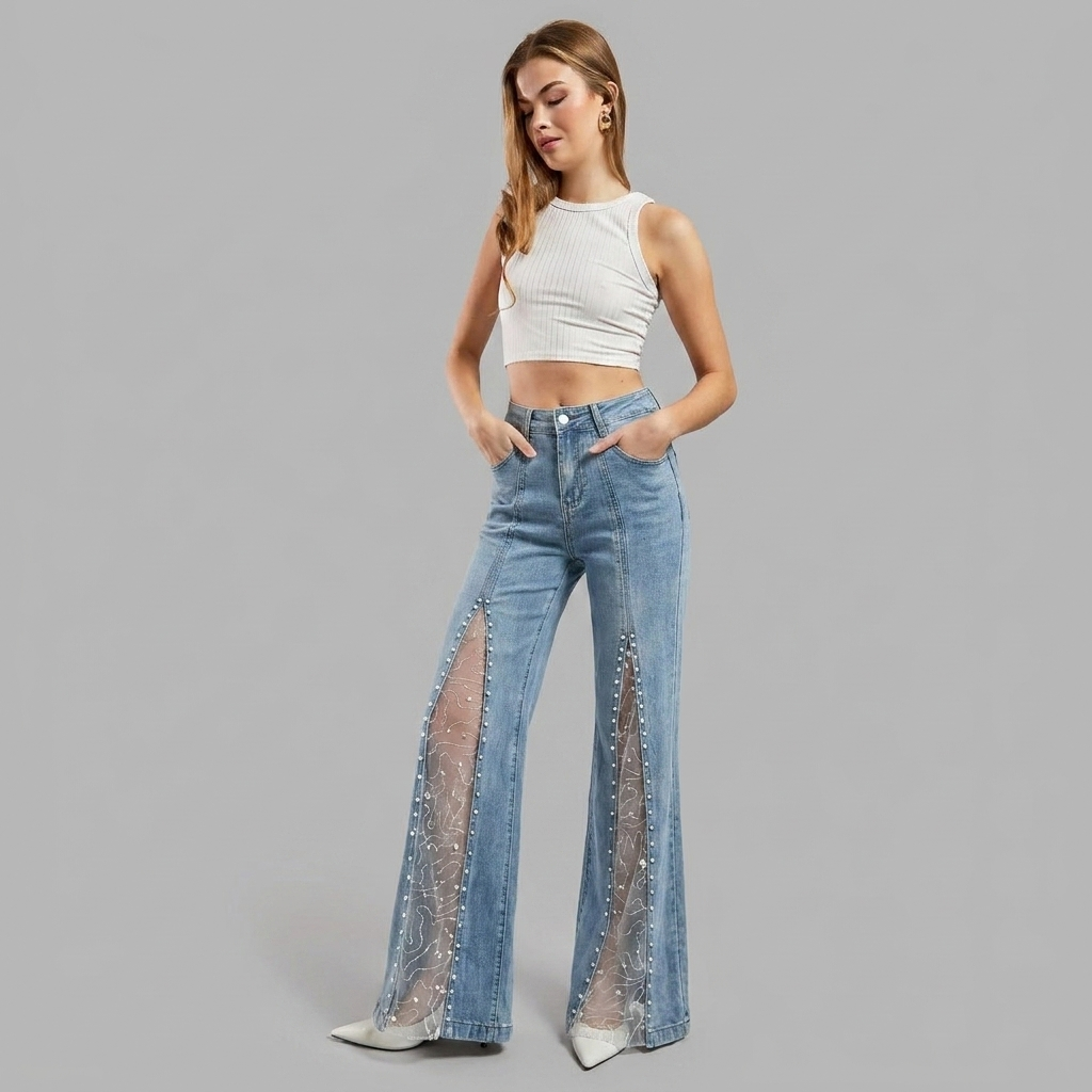 Women's Wide Leg Baggy Jeans High Waisted with Sheer Mesh Cutout Panels - Image 3