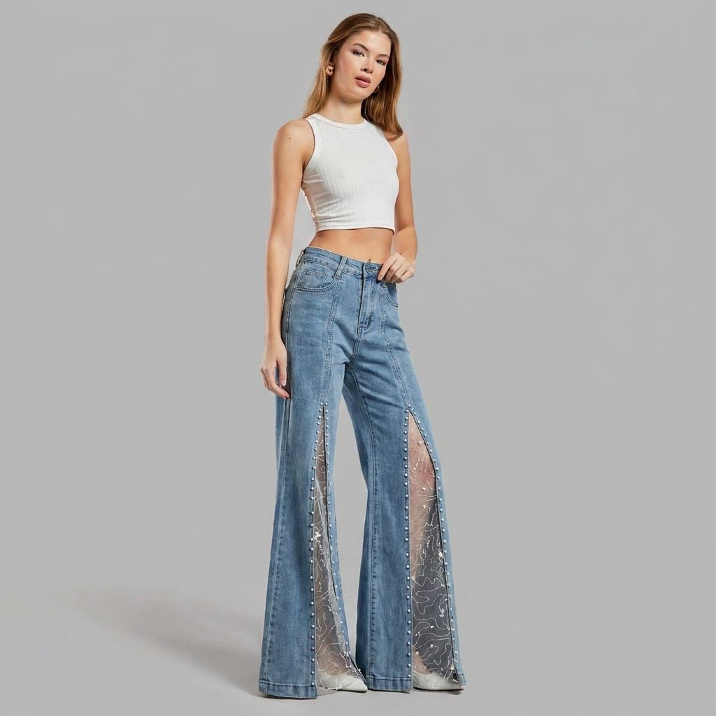 Women's Wide Leg Baggy Jeans High Waisted with Sheer Mesh Cutout Panels - Image 4