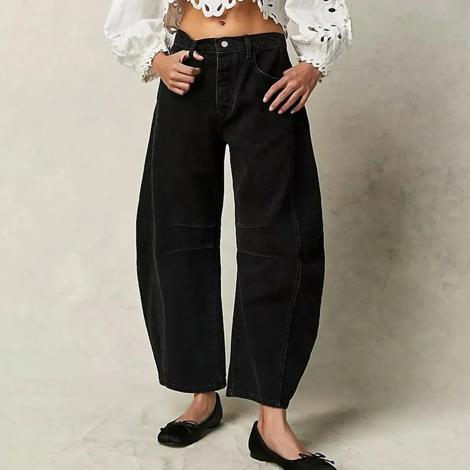 Women's Wide Leg Barrel Jeans | Five-Pocket Button Zip - Image 5