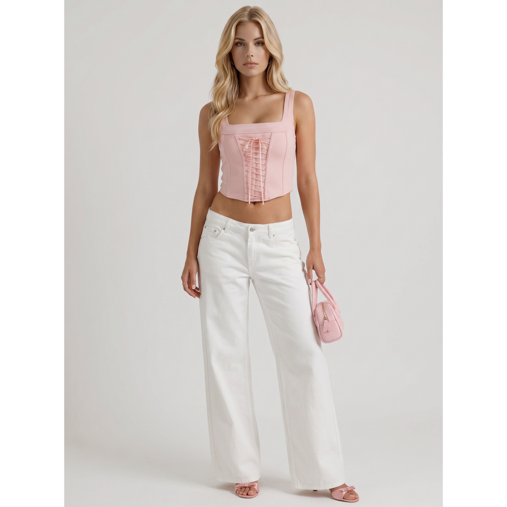 Women's Wide Leg Denim Jeans with Embroidered Back Bow Detail and Mid Rise - Image 1